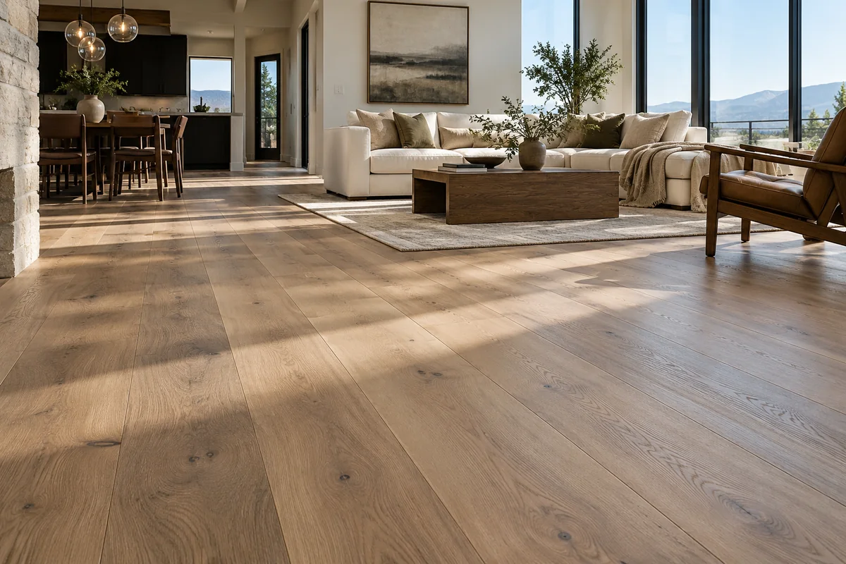 Illustrative sunlit living room with natural oak flooring and warm contemporary furniture